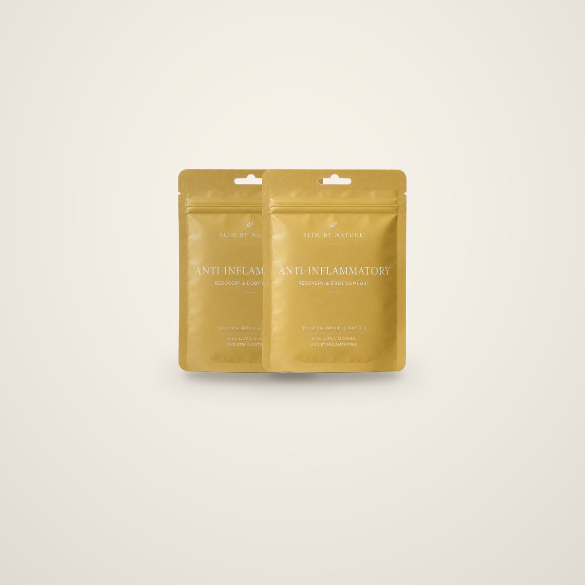 Slim By Nature Anti-Inflammatory patch pouches in gold — 2 pack on a cream background