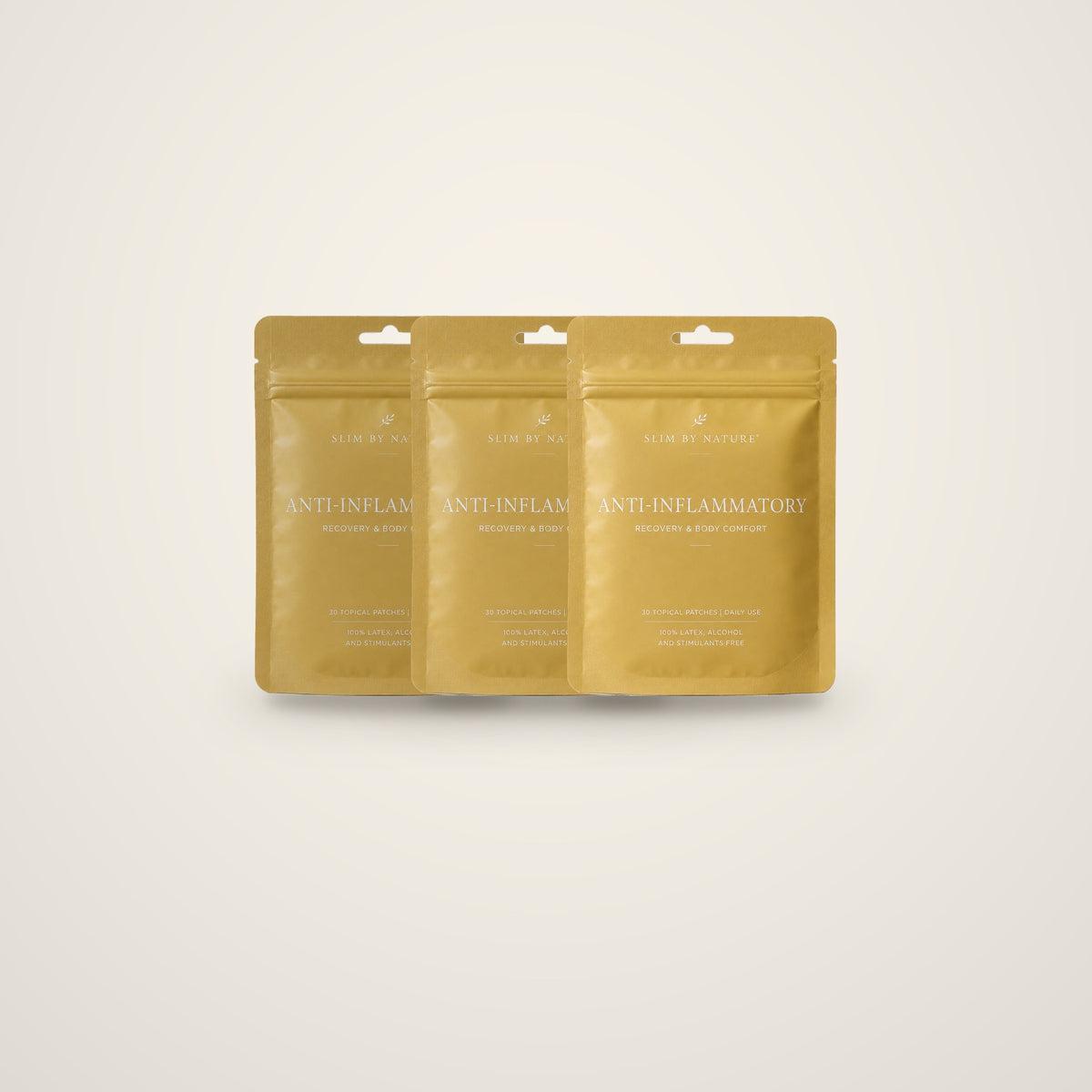 Slim By Nature Anti-Inflammatory patch pouches in gold — 3 pack on a cream background
