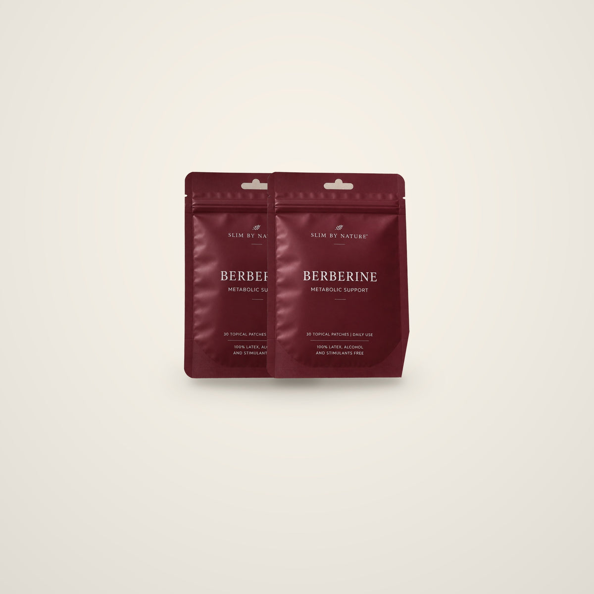 Slim By Nature Berberine Boost patch pouches in burgundy — 2 pack on a cream background