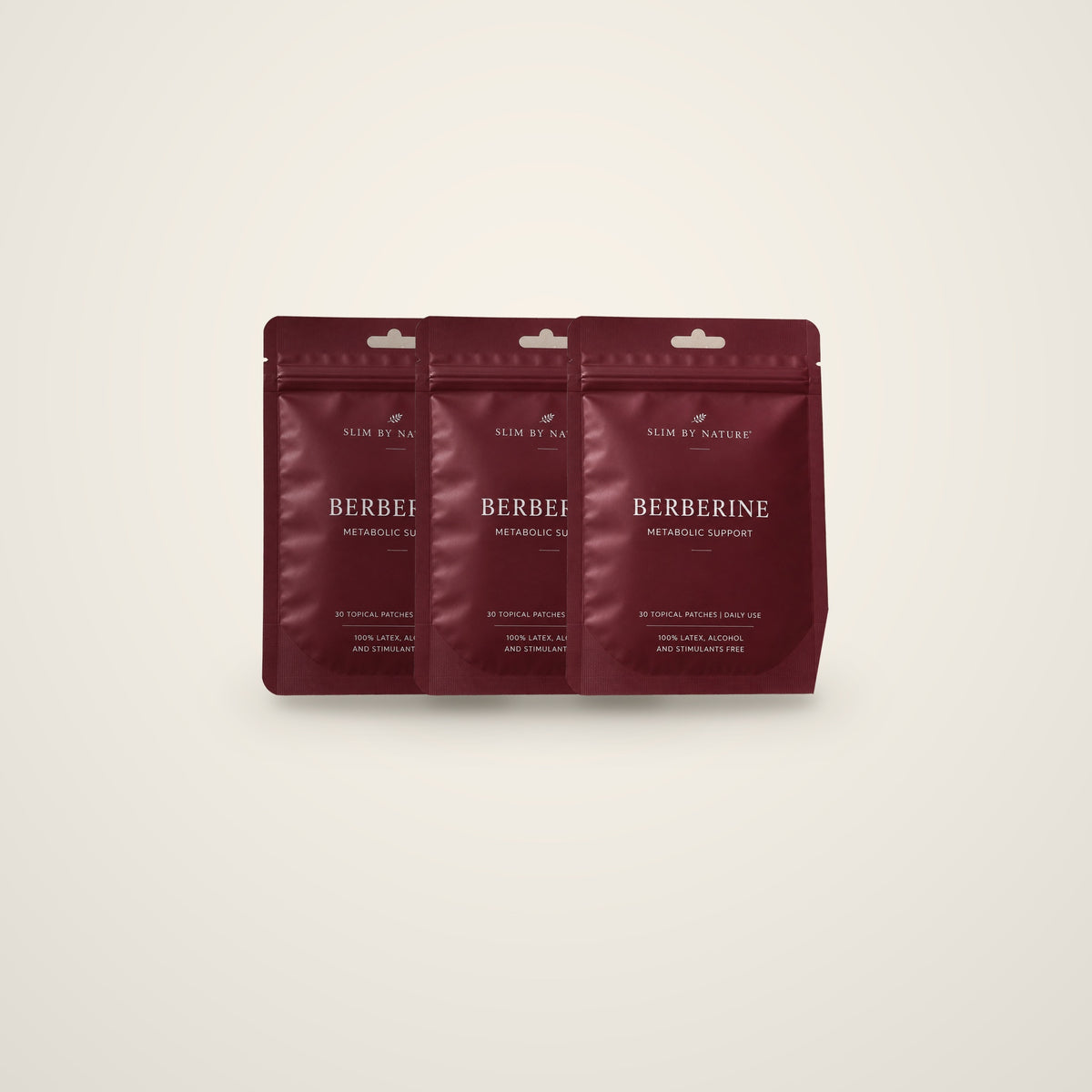 Slim By Nature Berberine Boost patch pouches in burgundy — 3 pack on a cream background