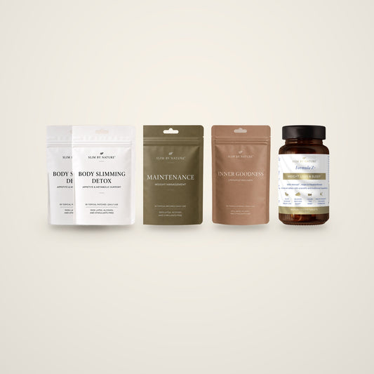 Slim By Nature 60 day patch program — two Body Slimming Detox pouches, Maintenance, Inner Goodness and Formula Z+ on a cream background