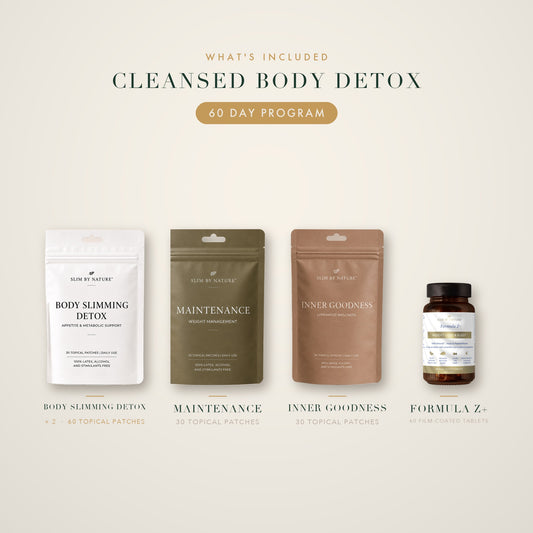 What's included in the Cleansed Body Detox 60 day program — labelled flat-lay of the patch pouches and Formula Z+