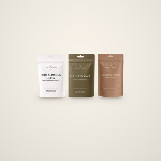 Three Slim By Nature patch pouches — Body Slimming Detox, Maintenance and Inner Goodness — on a cream background