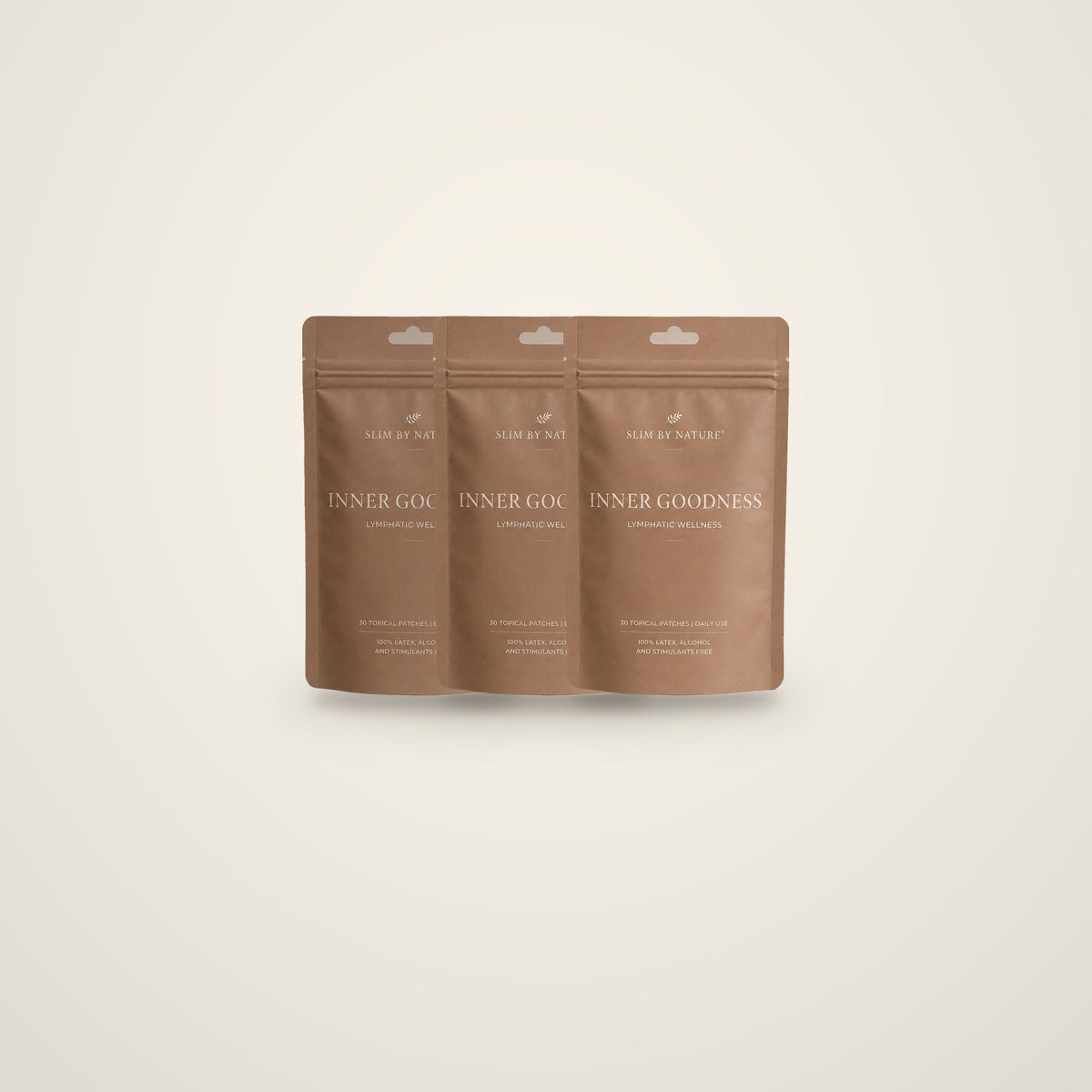 Slim By Nature Inner Goodness patch pouches — 3 pack on a cream background