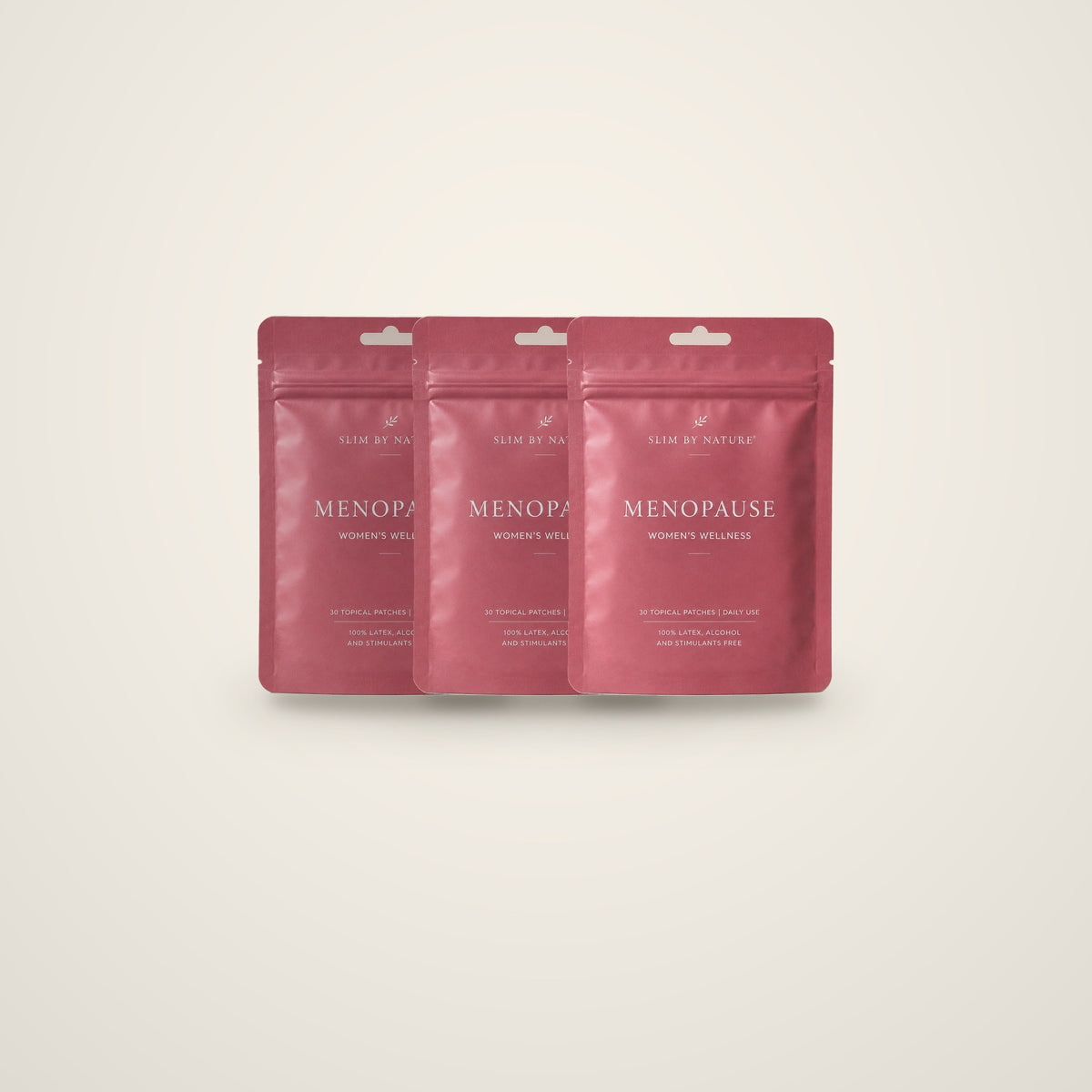 Slim By Nature Menopause patch pouches in rose — 3 pack on a cream background