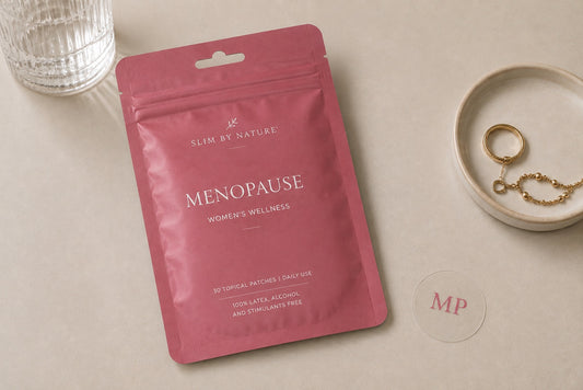 Slim By Nature Menopause Patches pack on a bathroom counter