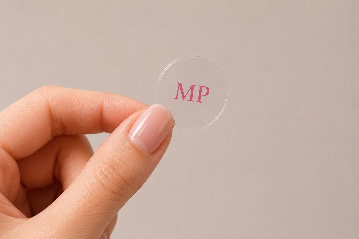 Close-up of a single clear Menopause topical patch